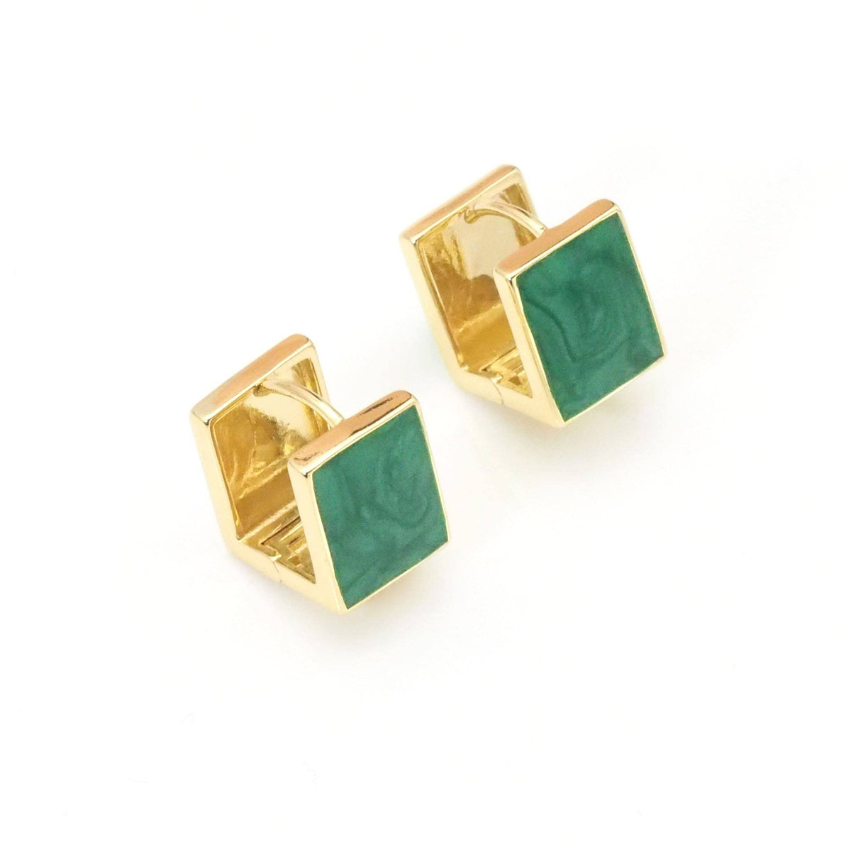 Gold Green Square Huggie Earrings, Sku#Y780