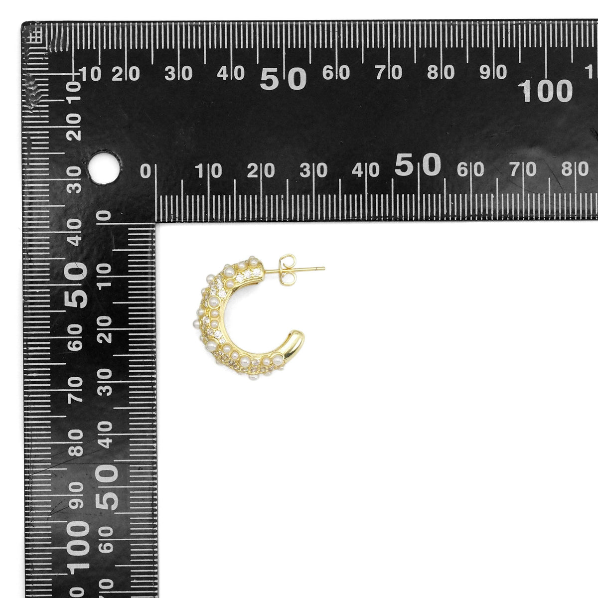 Fancy CZ White Pearl Huggie Earrings, Sku#Y898