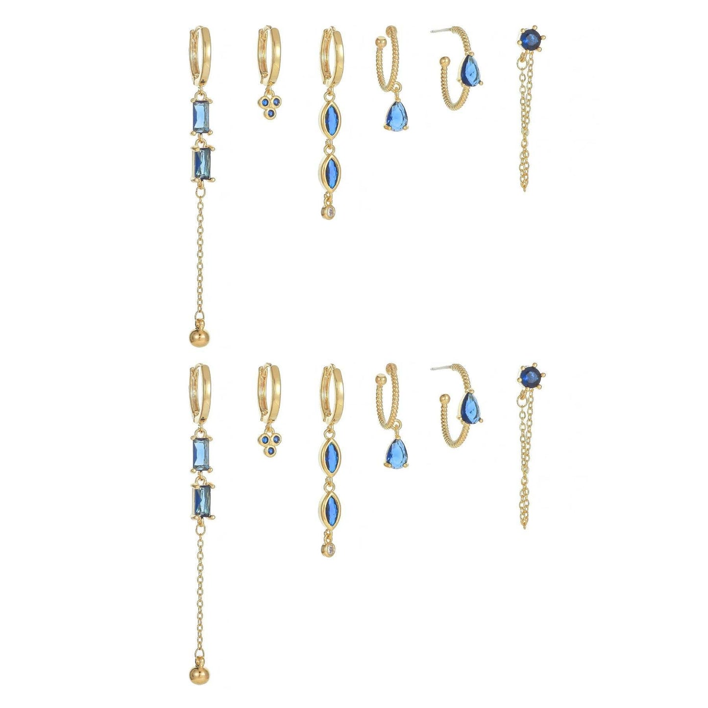 Stacking 6 Pieces Long Tassel Vintage Earring Set with Micro-Pavé Dazzling Blue Zircons, 18k Gold Plated Ear Studs & Ear Drops, S925 Needle, Stacked Lobe Designs with Dazzling Zirconia