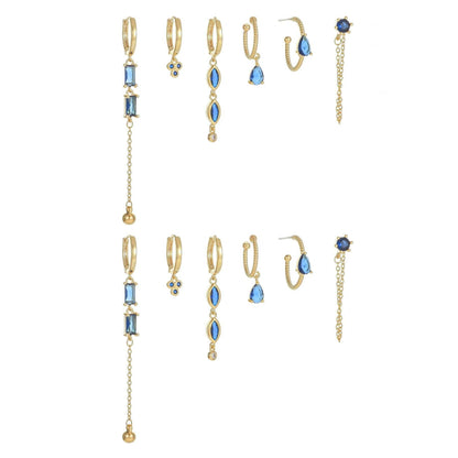 Stacking 6 Pieces Long Tassel Vintage Earring Set with Micro-Pavé Dazzling Blue Zircons, 18k Gold Plated Ear Studs & Ear Drops, S925 Needle, Stacked Lobe Designs with Dazzling Zirconia
