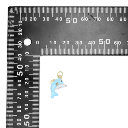 Gold Blue Enamel 3D Dolphin Charm Pendant, Sku#Y1013