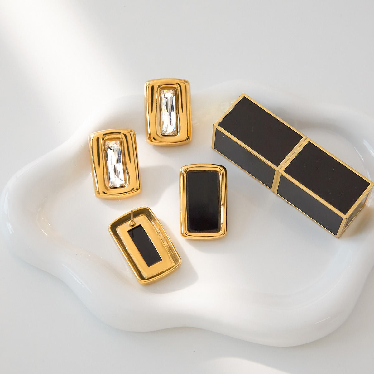 Square 18K gold-plated titanium steel stud earrings with embedded cubic zirconia.