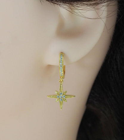 CZ North Star Hoop Earrings, Sku#Y767