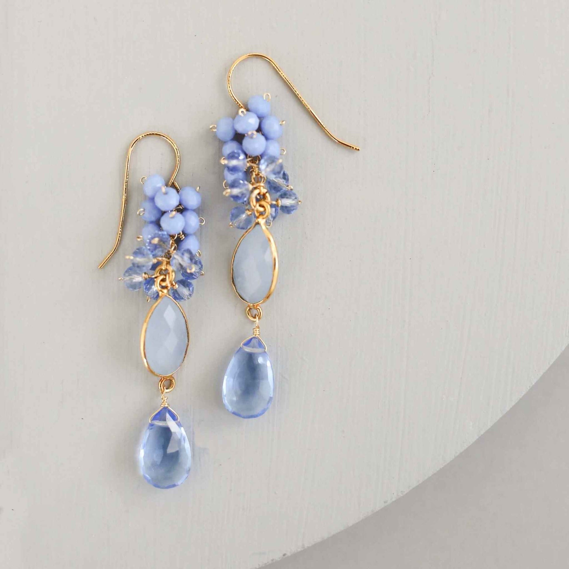 Dark blue chalcedony bezel cluster drop earrings with sky blue quartz gemstones on French hooks