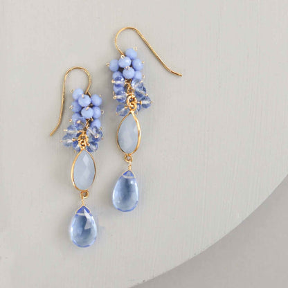 Dark blue chalcedony bezel cluster drop earrings with sky blue quartz gemstones on French hooks