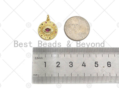 Gold Filled CZ Micro Pave Fuchsia Evil Eye On Round Coin Shape Pendant, 18K Gold Filled Charm, Necklace Bracelet Pendant, 16x18mm, Sku#Y437