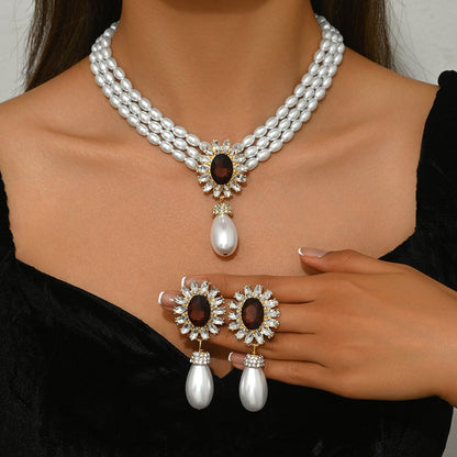 Geometric Light Luxury European American Women Jewelry Set, Niche Crystal Inlaid Multi-Layer Clavicle Chain Pearl Necklace & Matching Earrings