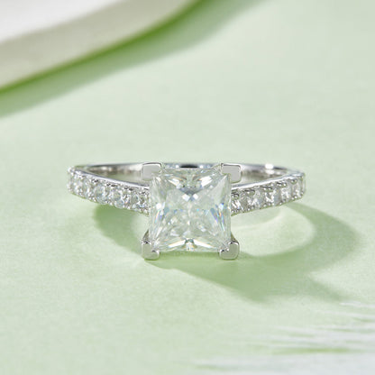 S925 Sterling Silver 2ct Princess Cut Moissanite Ring, 7x7mm D-VVS1 Pave Band, Platinum Plated US Sizes 5-9, GRA Certificate Jewelry Gift Box