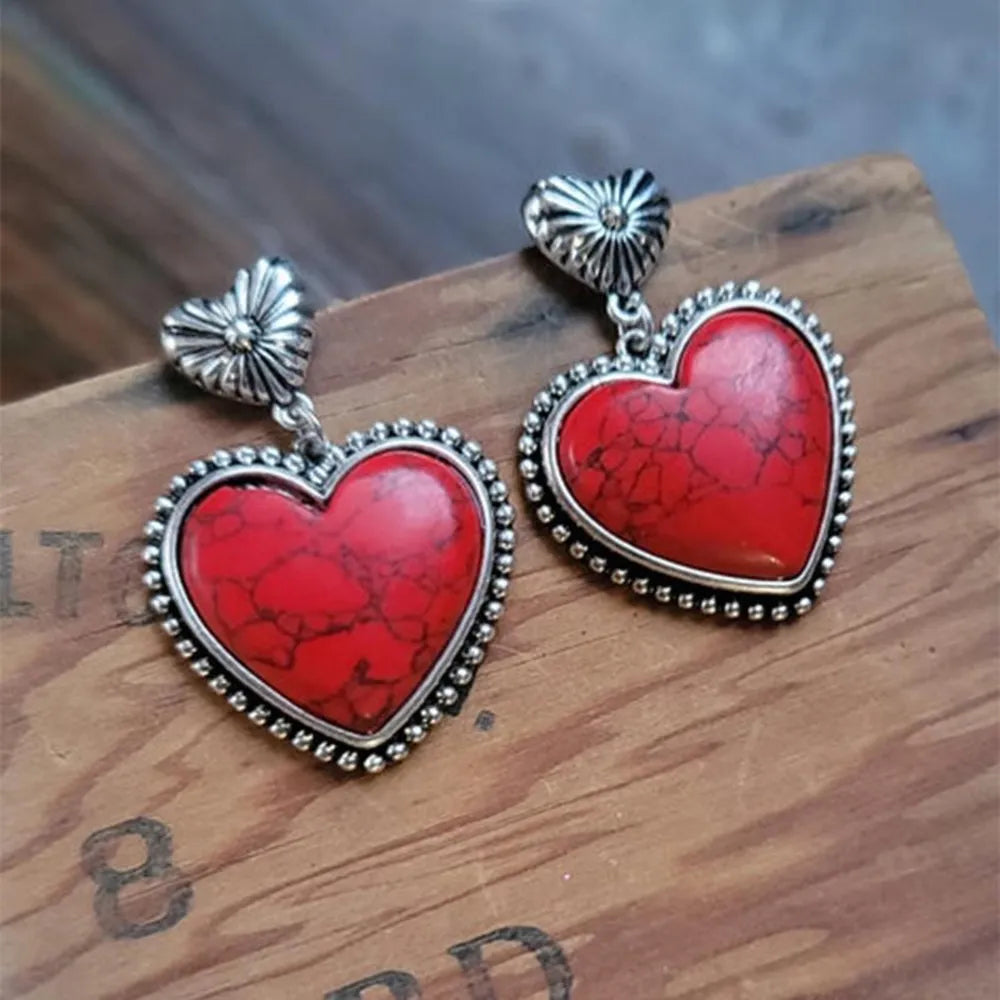 Turquoise Alloy Heart Dangle Earrings - 2 Styles Bumpkin Ranchwear