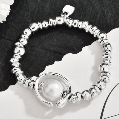 3Pcs Trendy Broken Silver Big Pearl Jewelry Set For Women, Necklace Bracelet Earring Matching Set, Dainty Elegant Sweater Chain Fashion Jewelry