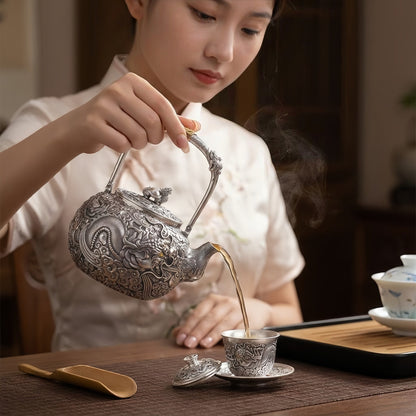 Pure 999 Fine Silver Elaborate Hand-Carved Silver Teapot with Majestic Dragon Motif and Ornate High Handle - Handicraft