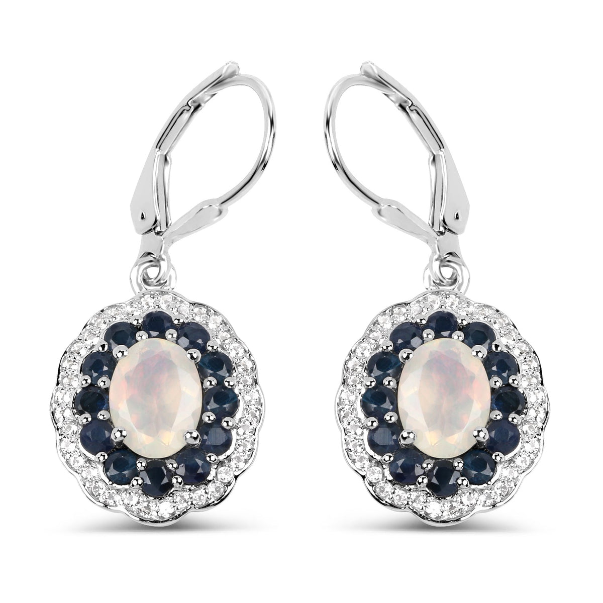 2.80 Carat Genuine Ethiopian Opal, Blue Sapphire and White Topaz .925 Sterling Silver Earrings
