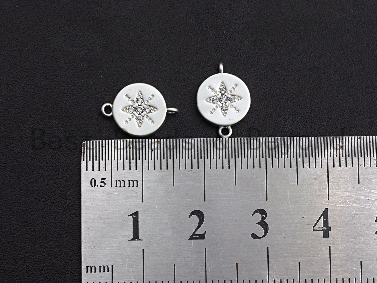 CZ Micro Pave Round Coin With Star Connector,Cubic Zirconia Connector, Silver Tone,9x13mm,sku#Y223