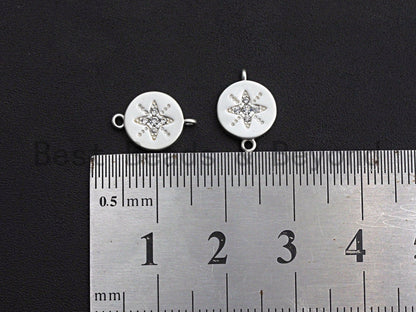 CZ Micro Pave Round Coin With Star Connector,Cubic Zirconia Connector, Silver Tone,9x13mm,sku#Y223