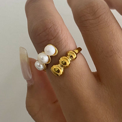 18K gold round bead-shaped pearl inlaid open ring with exquisite design