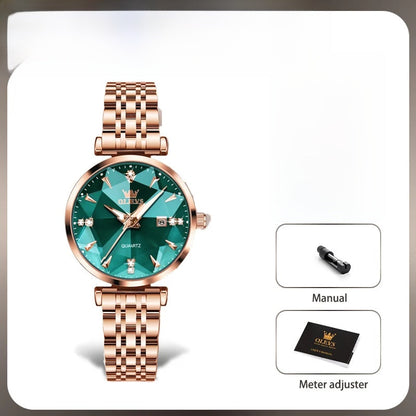 Women's Rose Gold Stainless Steel Watch Blue Dial Zircon
