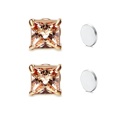 Stainless Steel Magnetic Princess Cut CZ Stud Earrings for Men Women, 6/8mm Square Cubic Zirconia Inlaid Magnetic Earrings Non-Piercing Clip On Studs