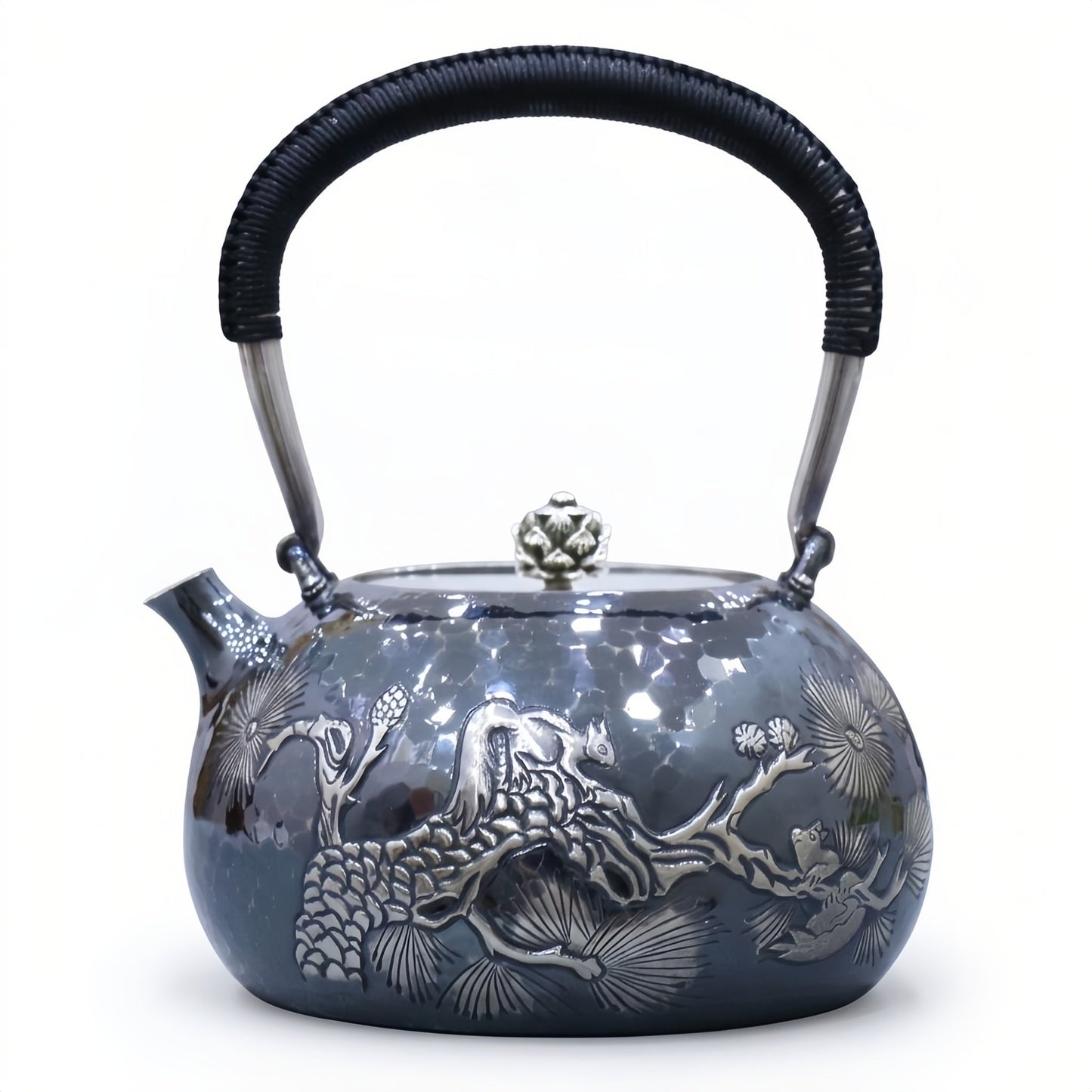 925 Sterling Silver Elegant Handcrafted  Teapot with Nature-Inspired Squirrel and Pine Cone Design-Fine large teapot - Handicraft
