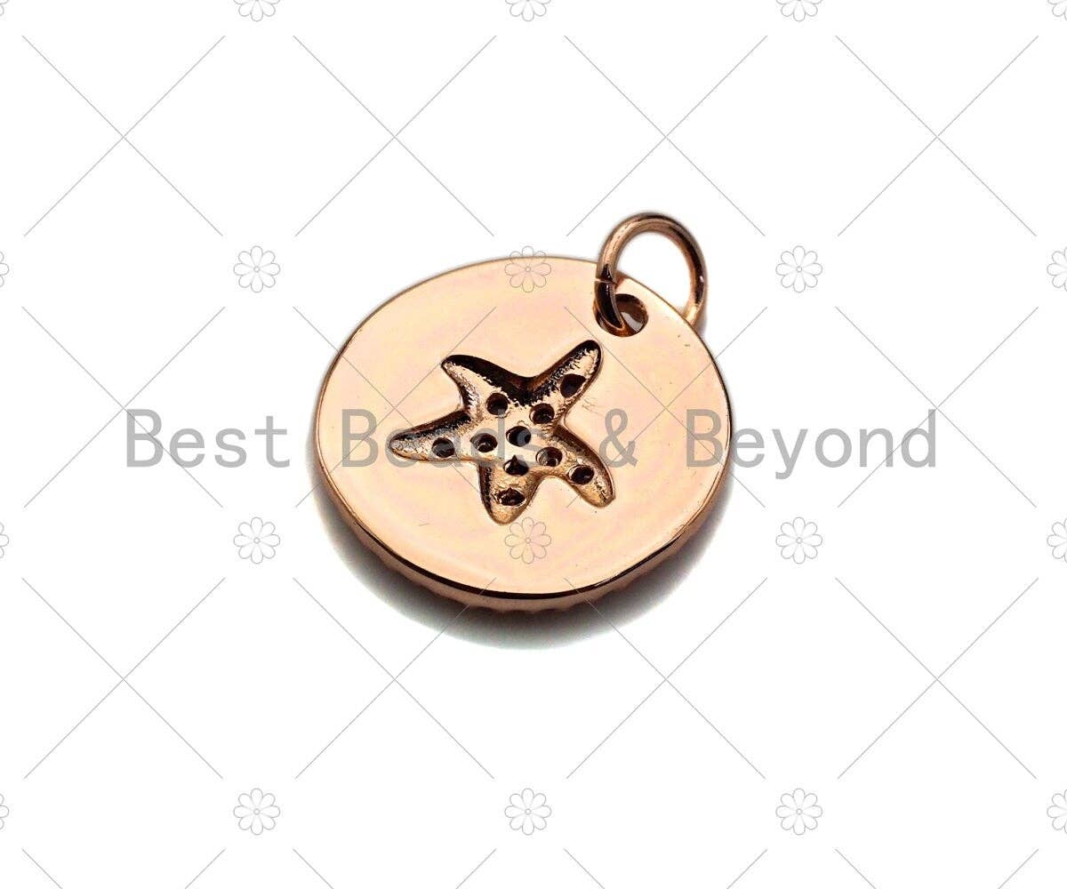 Turquoise CZ Micro Pave  Star Fish on Disc Pendant/Charm, Starfish Embossment Cubic Zirconia Pendant, 14mm, Sku#Y259