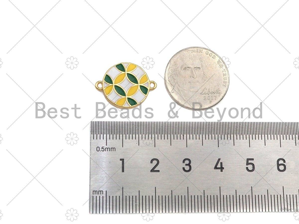 Enamel White Green Yellow Flower Pattern On Round Coin Connector,Colorful Enamel Gold Connector,Enamel Jewelry,20x15mm,Sku#Y421