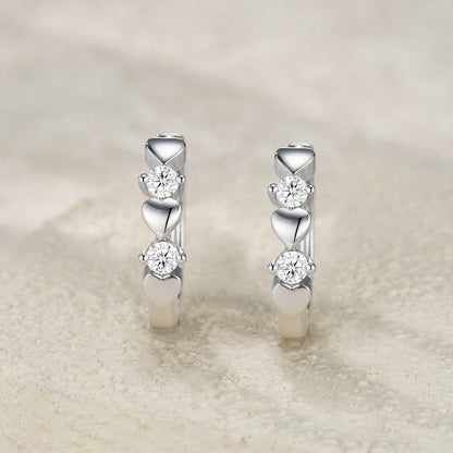 S925 Sterling Silver Heart Huggie Earrings, 0.1ct D-VVS1 Moissanite, Platinum Plated 5.6g Romantic Women's Jewelry Gift Box