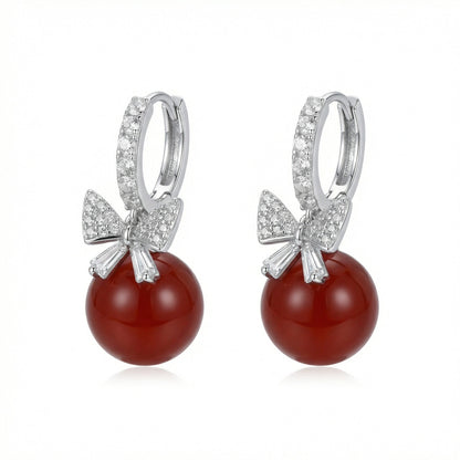 925 Sterling Silver Elegant Red Agate and Sparkling Crystal Bowknot Drop Hoop Earrings