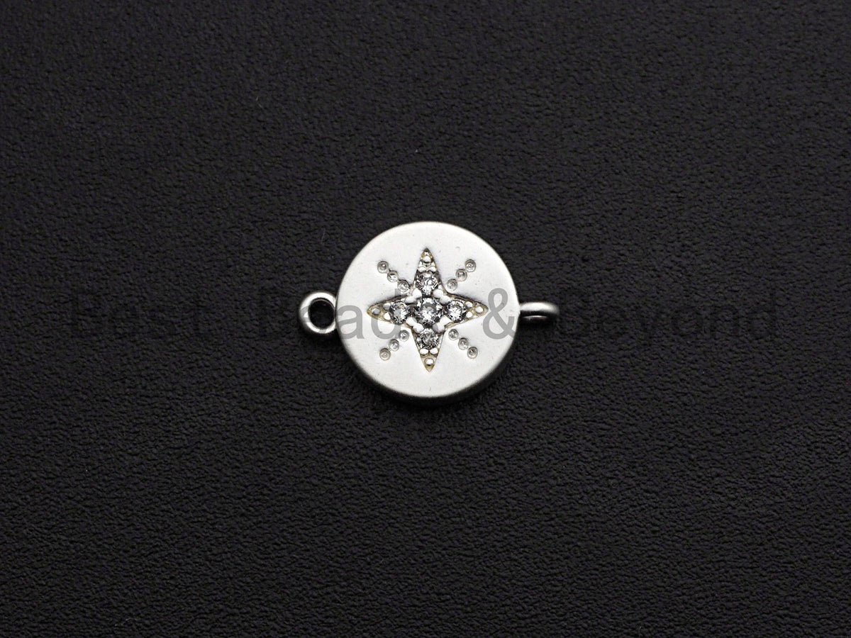 CZ Micro Pave Round Coin With Star Connector,Cubic Zirconia Connector, Silver Tone,9x13mm,sku#Y223