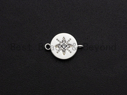 CZ Micro Pave Round Coin With Star Connector,Cubic Zirconia Connector, Silver Tone,9x13mm,sku#Y223