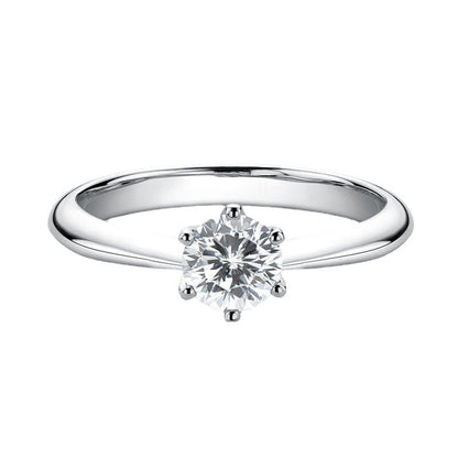 Classic Six Prong Solitaire Ring For Women, Round Cut Clear Tone Simulated Zirconia Silver Tone Thin Band Light Luxury Wedding Engagement Finger Jewelry