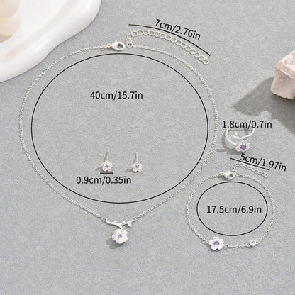 Ins Gentle Japanese Korean Style Women Jewelry Set, Cubic Zirconia Inlaid Cherry Blossom Design Long Necklace Ring Earrings Matching Accessories