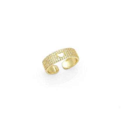 Gold Clear CZ Thin Band with Hollow out Heart Adjustable Ring, Sku#Y815