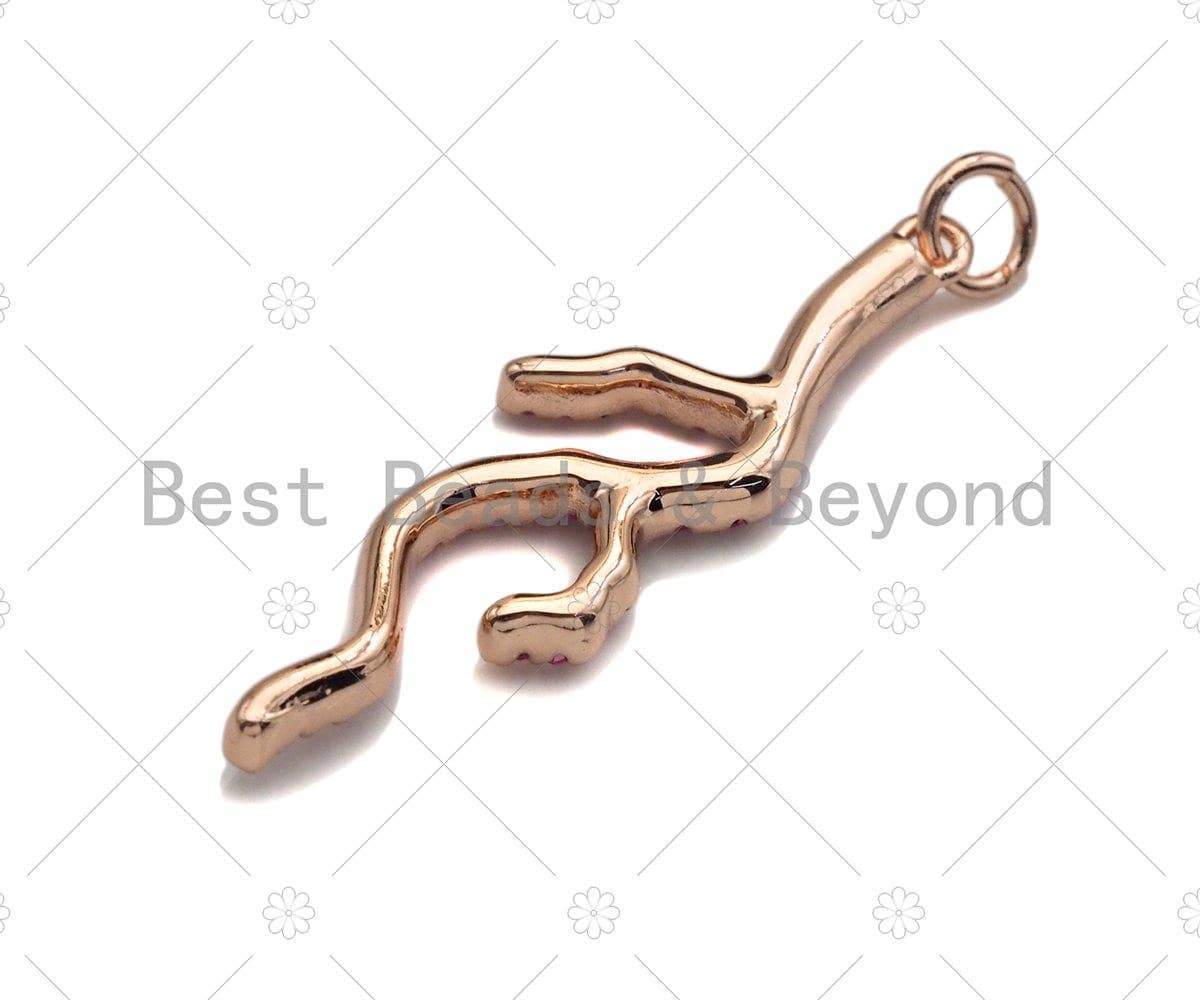 Fuchsia CZ Micro Pave Coral Branch Pendant/Charm, Antler Tree Branch Cubic Zirconia Pendant, Silver/Gold/Rose Gold Tone, 10x34mm, Sku#Y286