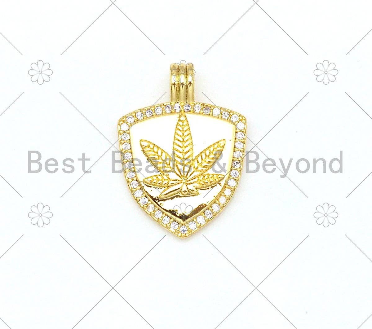 CZ Micro Pave Maple Leaf On Shield Shape Pendant, Gold/Silver/Rose Gold Shiled Charm, Necklace Bracelet Charm Pendant, 21x15mm,Sku#Y483