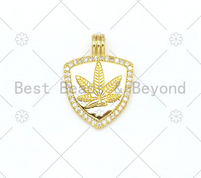 CZ Micro Pave Maple Leaf On Shield Shape Pendant, Gold/Silver/Rose Gold Shiled Charm, Necklace Bracelet Charm Pendant, 21x15mm,Sku#Y483