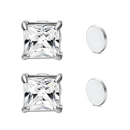 Stainless Steel Magnetic Princess Cut CZ Stud Earrings for Men Women, 6/8mm Square Cubic Zirconia Inlaid Magnetic Earrings Non-Piercing Clip On Studs