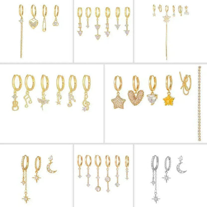 Stacking 6 Pieces Crystal Cascade Drops Earring Set, 18k Gold Hoop with Drops, S925 Needle, Stacked Lobe Designs with Dazzling Zirconia