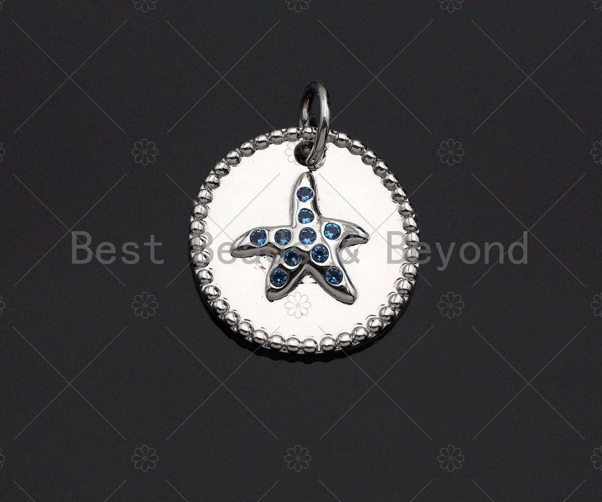 Turquoise CZ Micro Pave  Star Fish on Disc Pendant/Charm, Starfish Embossment Cubic Zirconia Pendant, 14mm, Sku#Y259