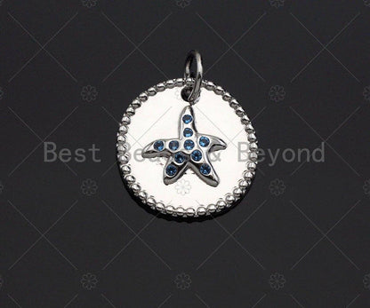 Turquoise CZ Micro Pave  Star Fish on Disc Pendant/Charm, Starfish Embossment Cubic Zirconia Pendant, 14mm, Sku#Y259