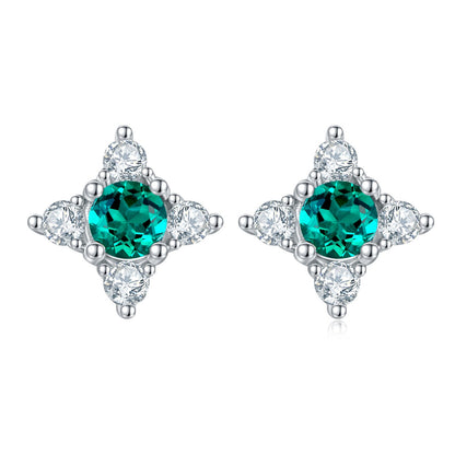 S925 Sterling Silver Star Flower Stud Earrings, 3.5mm Lab-Grown Emerald, Platinum Plated 1g Women's Lightweight Jewelry Gift Box