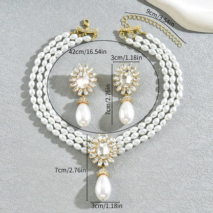 Geometric Light Luxury European American Women Jewelry Set, Niche Crystal Inlaid Multi-Layer Clavicle Chain Pearl Necklace & Matching Earrings