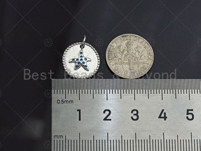 Turquoise CZ Micro Pave  Star Fish on Disc Pendant/Charm, Starfish Embossment Cubic Zirconia Pendant, 14mm, Sku#Y259