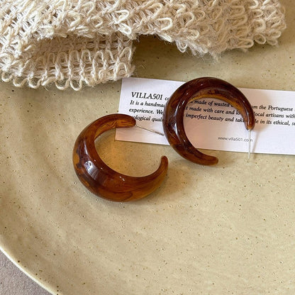 Handmade Maillard Aesthetic Hoops, Amber Resin & Gold Tone C-Shaped Earrings, Vintage Chunky Lightweight Fashion Jewelry, Unique Gift For Her