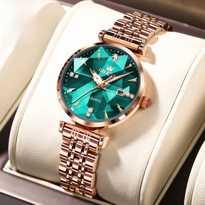 Women's Rose Gold Stainless Steel Watch Blue Dial Zircon