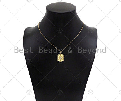 CZ Micro Pave Radial Star On Hexagon Shape Pendant, 18K Gold Medallion Charm, Necklace Bracelet Charm Pendant, 23x15mm,Sku#Y435