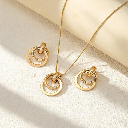 Cross-border European American Daily Versatile Metal Geometric Circle Jewelry Set, Premium Texture Matching Necklace & Stud Earrings For Women