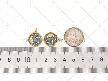 Enamel Grey Cresent Moon Star On Round Coin Shape Pendant,18K Gold Filled CZ Micropave Charm,Necklace Bracelet Charm,16x18mm,Sku#Y537