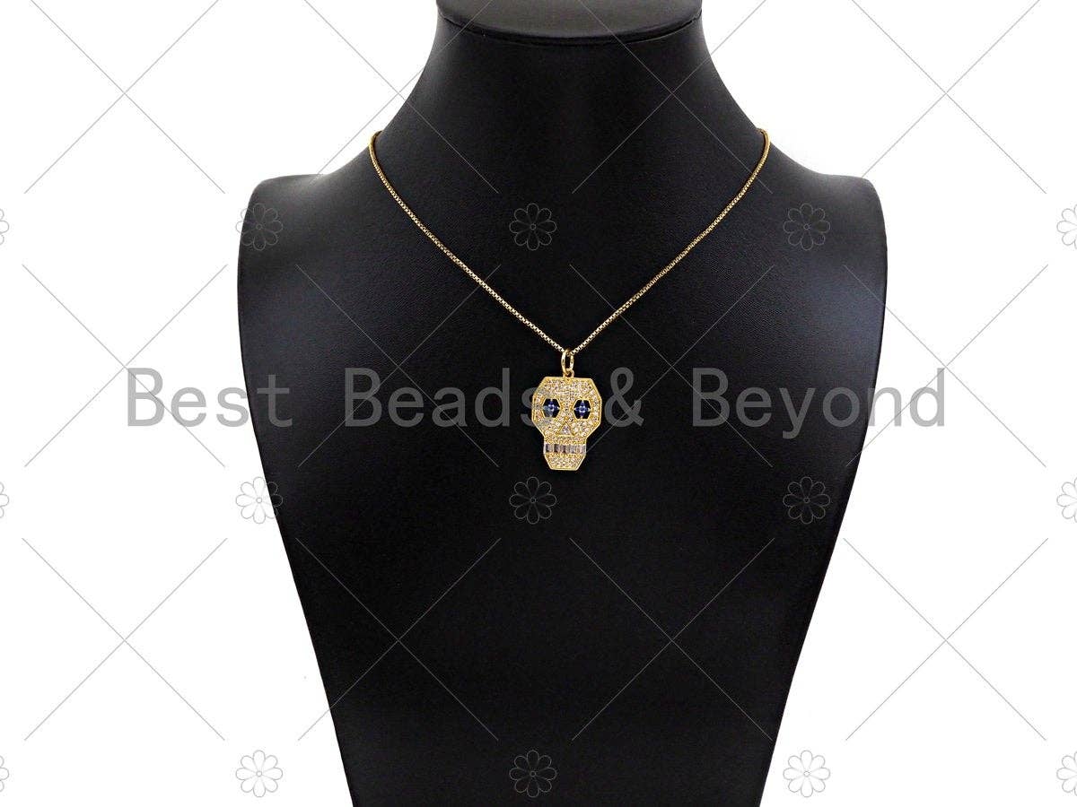 CZ Micro Pave Hollow Out Blue Eye Skull Shape Pendant/Charm, Bracelet Necklace Cubic Zirconia Pendant Charm, 27x18mm,sku#Y408