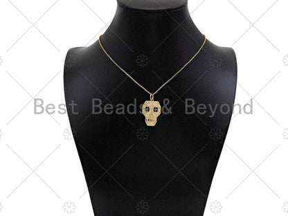 CZ Micro Pave Hollow Out Blue Eye Skull Shape Pendant/Charm, Bracelet Necklace Cubic Zirconia Pendant Charm, 27x18mm,sku#Y408