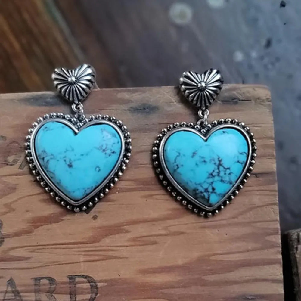 Turquoise Alloy Heart Dangle Earrings - 2 Styles Bumpkin Ranchwear