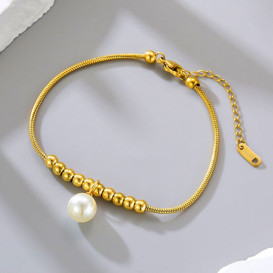 18K Gold Snake Bone Beaded Anklet With A Large Heart-shaped Heart